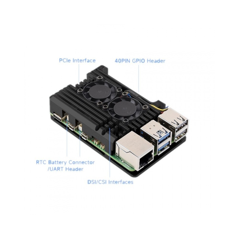 Carcasă Radiator pentru Raspberry Pi 5 (Neagră, cu Ventilator Dual)
