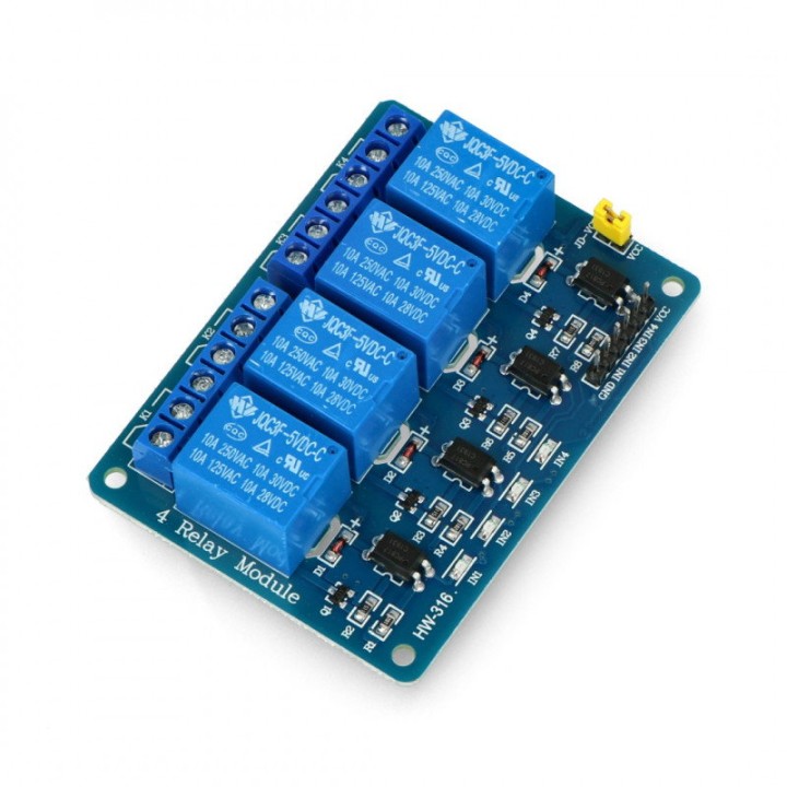 Modul cu 4 relee 10 A / 250 V, bobine 5 V, optocuplate