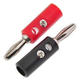 Două mufe banană de 4 mm, una roșie și una neagră, cu carcasă din plastic și șurub lateral pentru prinderea firului