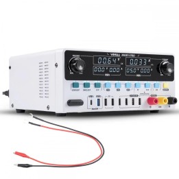 Sursa de laborator Yihua 3010D-V PRO văzută din față și din lateral, cu cablul de ieșire cu papuci și cleme crocodil