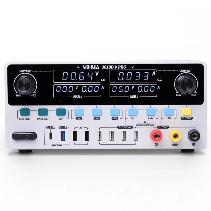 Panoul frontal al sursei Yihua 3010D-V PRO: afișaje, butoanele OCP, CCP, CH1–CH3 și OUTPUT, porturi USB și borne de ieșire