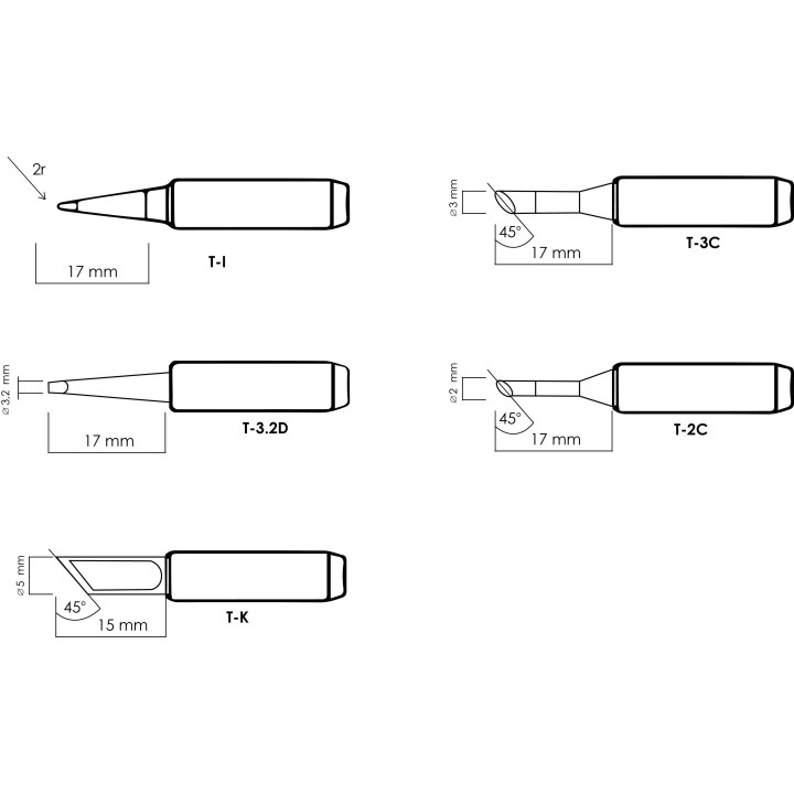 Desen cu cote pentru vârfurile T-I, T-3.2D, T-3C, T-2C și T-K din set