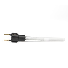 Elementul de încălzire 134B110: tub ceramic alb și conector negru cu doi pini, cu codul inscripționat