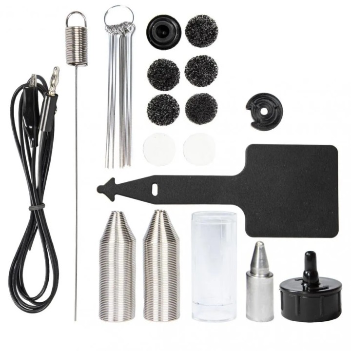 Accesorii din cutia Yihua 948D-III: filtre negre, albe și spiralate, ace de curățare, paletă din silicon, duză de rezervă