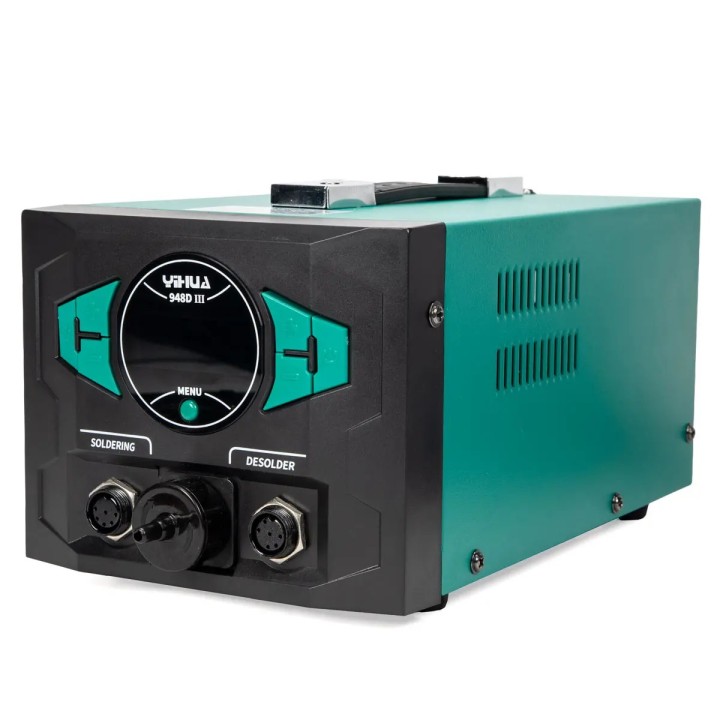Unitatea Yihua 948D-III cu afișajul stins și mufele SOLDERING și DESOLDER de pe panoul frontal
