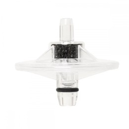 Filtrul 79-5516 din lateral: carcasă transparentă în formă de disc, racorduri la capete și material filtrant negru