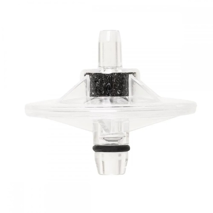 Filtrul 79-5516 din lateral: carcasă transparentă în formă de disc, racorduri la capete și material filtrant negru
