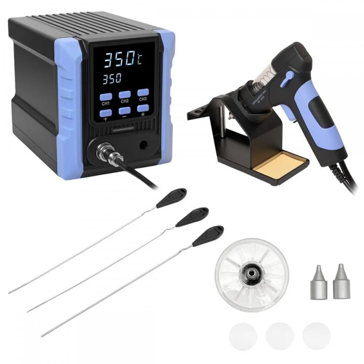 Stația ZD-8955 cu pistolul în suport și accesoriile din cutie așezate în față