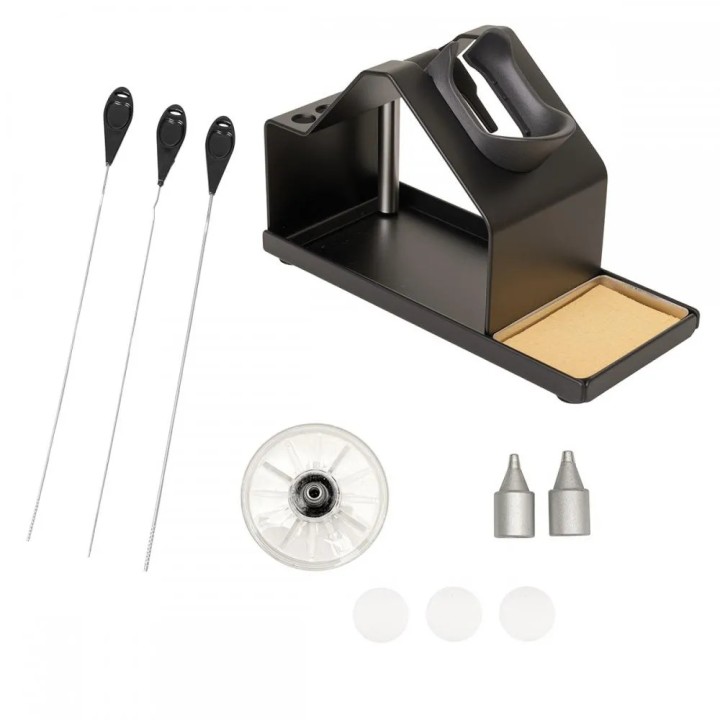 Accesoriile ZD-8955: suportul cu burete, trei ace de curățare, filtrul transparent, două vârfuri și trei filtre Ø 16,8 mm